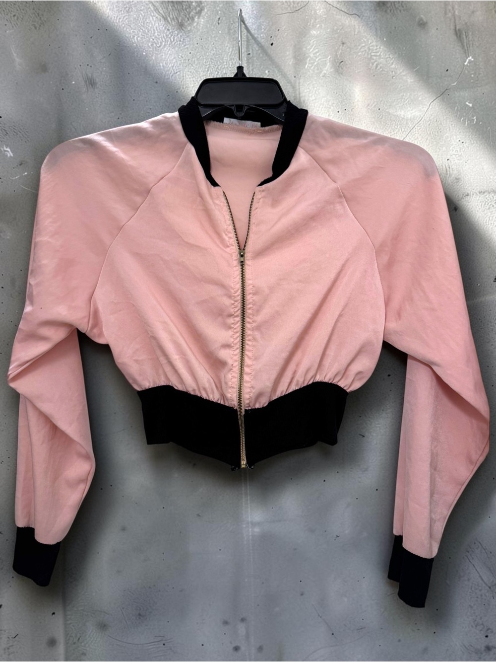 Vintage Pink Cropped Bomber Jacket with Black Trim